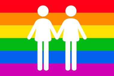 Gökkuşağı Gay bayraklı arka planda iki adam ikonu izole edildi. LGBTQ gurur simgesi vektör çizimi