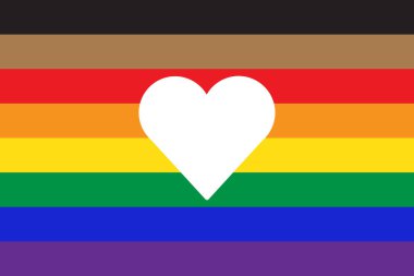 New pride flag LGBTQ with heart shape icon inside . Redesign including Black, Brown, and trans pride stripes. Flat vector illustration clipart