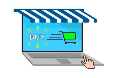 İnternetten alışveriş konsepti. Bilgisayarda satın alma düğmesi ve alışveriş arabası var. E-Commerce Buy çevrimiçi. Vektör illüstrasyonu