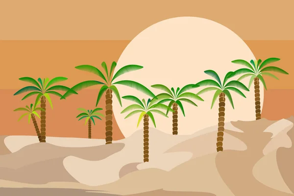 有棕榈树和日落的沙漠景观 平面矢量图解 — 图库矢量图片