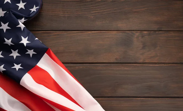 Bandera Americana Sobre Mesa Rústica Madera Con Espacio Para Copiar —  Fotos de Stock