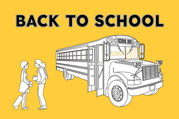 Kembali Adegan Sekolah Dari Sekolah Bus Dan Dua Gadis Berbicara - Stok Vektor
