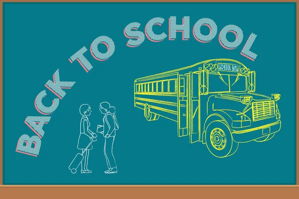 Chalkboard Back School Scene Bus School Two Girls Talking — Stok Foto