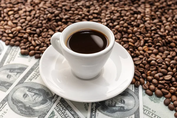 Cup Coffee Coffee Beans Dollar Banknotes Background Stock Image