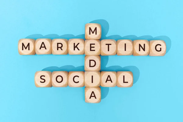 Social Media Marketing Words Wooden Blocks Blue Background Top View — Stock Photo, Image