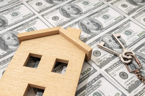 Comprar Uma Casa Conceito Hipoteca Preço Imóvel Casa Brinquedo Fundo — Fotografia de Stock