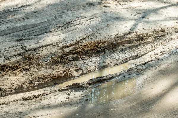 Puddle in the mud with traces — Stock Photo, Image