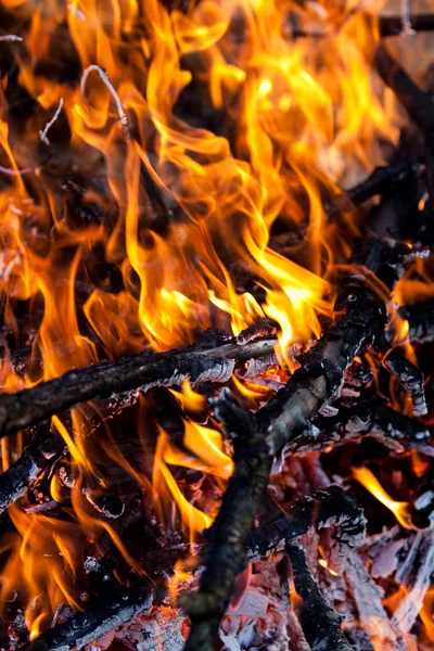 燃烧的壁炉的火焰和灰烬的木材 — 图库照片