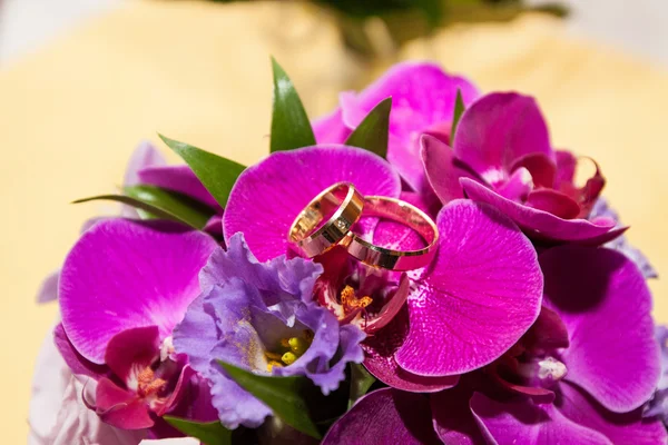 Anéis de noivado empilhados em flores — Fotografia de Stock