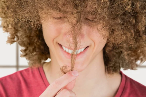 Portrait Young Curly European Man Long Curly Hair Closed Eyes — Stock Photo, Image