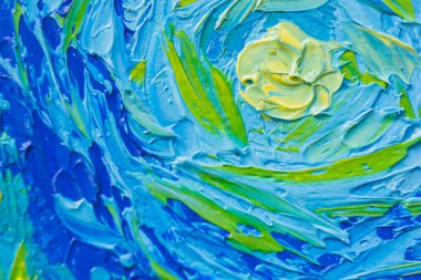 Tuval üzerine çok renkli yağlı boyalarla boyanmış bir resim. Çizimin ayrıntıları.