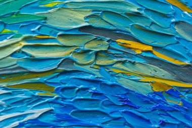 Tuval üzerine çok renkli yağlı boyalarla boyanmış bir resim. Çizimin ayrıntıları.