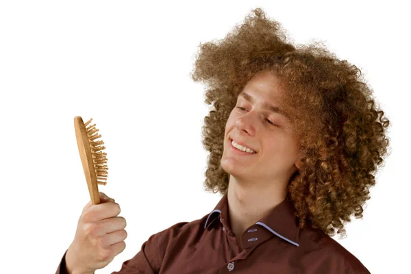 Long Haired Curly Haired Guy Brown Shirt White Background Uses — Stock Photo, Image