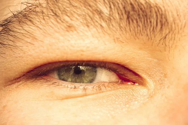 European guy\'s eye close up. part of the face macro. the eyeball is extremely close. Human pupil.