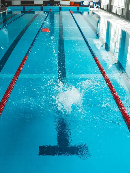 那个游泳者把游泳池的边缘推开了 女运动员在室内跳入水中 停止在运动 从后面看 — 图库照片