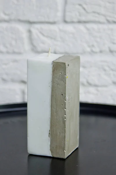 Homemade White Candle Concrete Background White Wall Handmade Decor Close — Stock Photo, Image