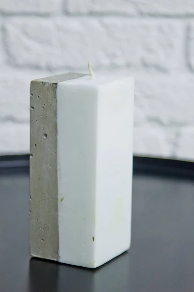 Homemade White Candle Concrete Background White Wall Handmade Decor Close — Stock Photo, Image