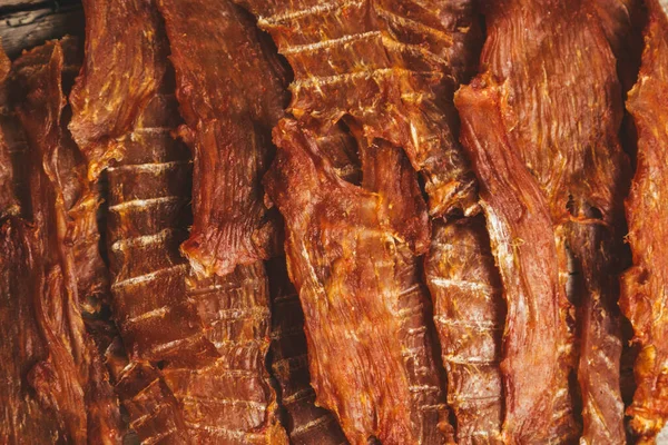 Delicioso Jerky Fundo Madeira Produtos Embalagens Artesanais Lanche Para Álcool — Fotografia de Stock