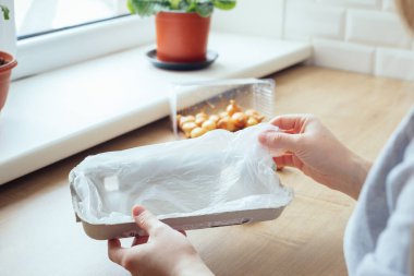 Yumurta kutusunu yeşil soğan dikmek için plastik torbayla kaplamak. Adım adım özel ders