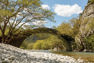 Aoos Nehri üzerindeki Kleidonia taş köprüsü veya Vikos Ulusal Parkı 'ndaki Vjose, Yunanistan' ın kuzeybatısı, Avrupa