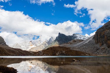 Sonbahar ormanlarında ve Yading doğa koruma alanındaki kar dağlarında renkli son Shangri la