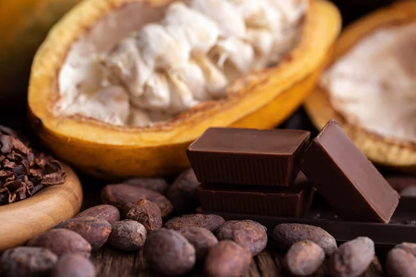 Păstăi Cacao Fasole Pulbere Masă Lemn Vedere Sus — Fotografie, imagine de stoc
