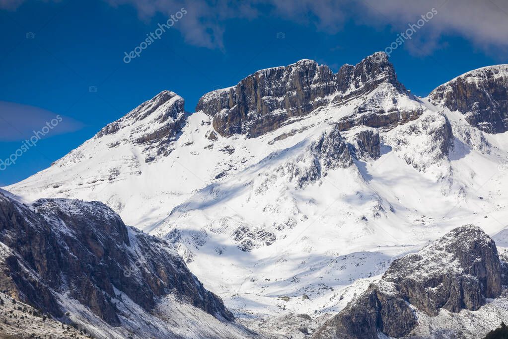 Snowy mountains landscape in the Aragonese Pyrenees. Near of Aguas Tuertas valley, Hecho and Anso, Huesca, Spain.