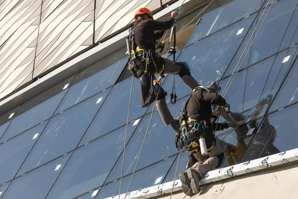 Zaragoza, İspanya - 30 Eylül 2020: Uzman teknik işçiler Zaragoza Köprüsü pavyonunun ön cephesinde güvenlik kemerleri takarak bakım ve rehabilitasyon çalışmaları yürüttüler.