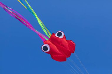 Ahtapot şeklinde uçurtma, hareketli soyut çizgilerle, parlak renklerle, katı bir arkaplanda hafifçe yüzen buruşuk kumaşlarla oluşmuş..