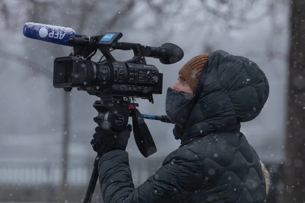 Madrid Spanje Januari 2021 Een Cameramanager Van Afp Werkzaam Het — Stockfoto