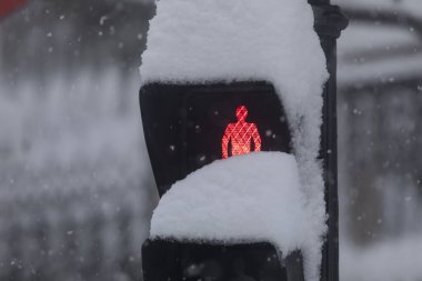 Filomena kutup soğuğundan dolayı tamamen karla kaplı kırmızı bir trafik ışığı..