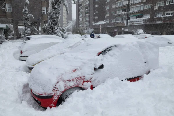 Madrid Spain January 2021 Cars Parked Blocked Completely Buried Snow — Stock Photo, Image