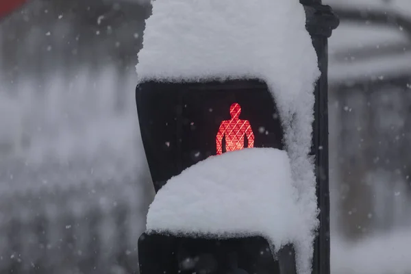 Semáforo Rojo Completamente Cubierto Nieve Día Nevado Debido Frente Frío — Foto de Stock