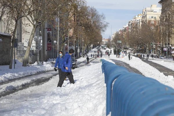 Madrid España Enero 2021 Vista General Calle Esquerdo Cubierta Nieve — Foto de Stock