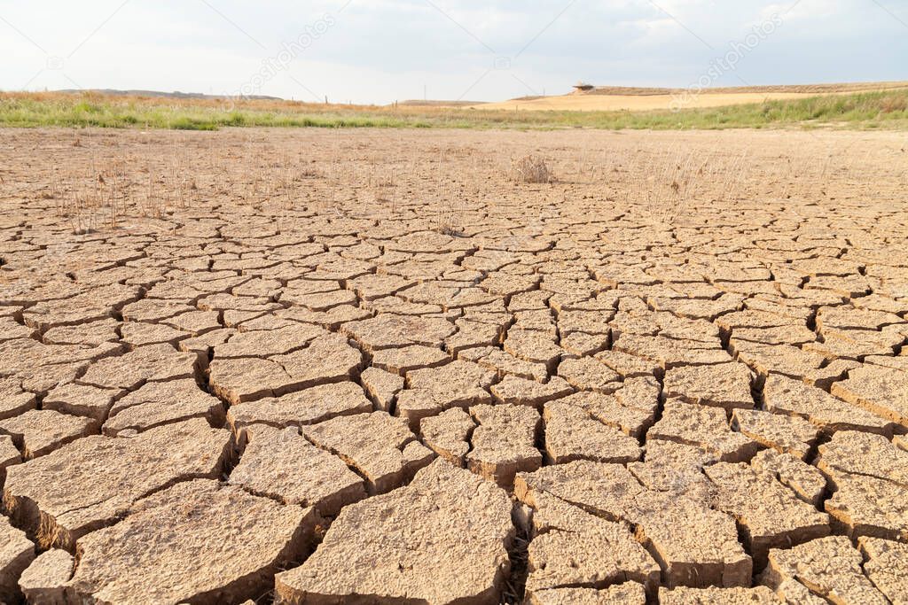 Dry and cracked land, dry due to lack of rain, in the Loteta reservoir, near the town of Gallur, Spain. Effects of climate change such as desertification and droughts.