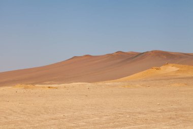 Paracas Çölü 'nde, Lagunillas Yolu' nda, Paracas Ulusal Rezervi 'ndeki Las Minas Sahili' nde, Pisco, Ica, Peru 'daki kırmızı kum tepelerinin ve sarı kumların manzara fotoğrafları..