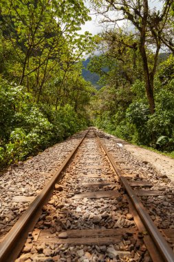 Eski ve paslı tren rayları, Urubamba Nehri boyunca, Santa Teresa kasabasına doğru, Aguas Calientes 'ten, Machu Picchu yakınlarında, Amazon bulut ormanı ile çevrili..