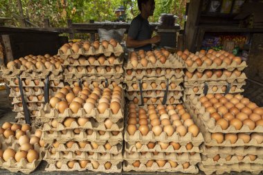 Waisai, Endonezya - 17 Ekim 2019: Yüzlerce tavuk yumurtası satılık, kutular arasında saklanıyor, Raja Ampat, Waisai 'deki yerel pazarda.