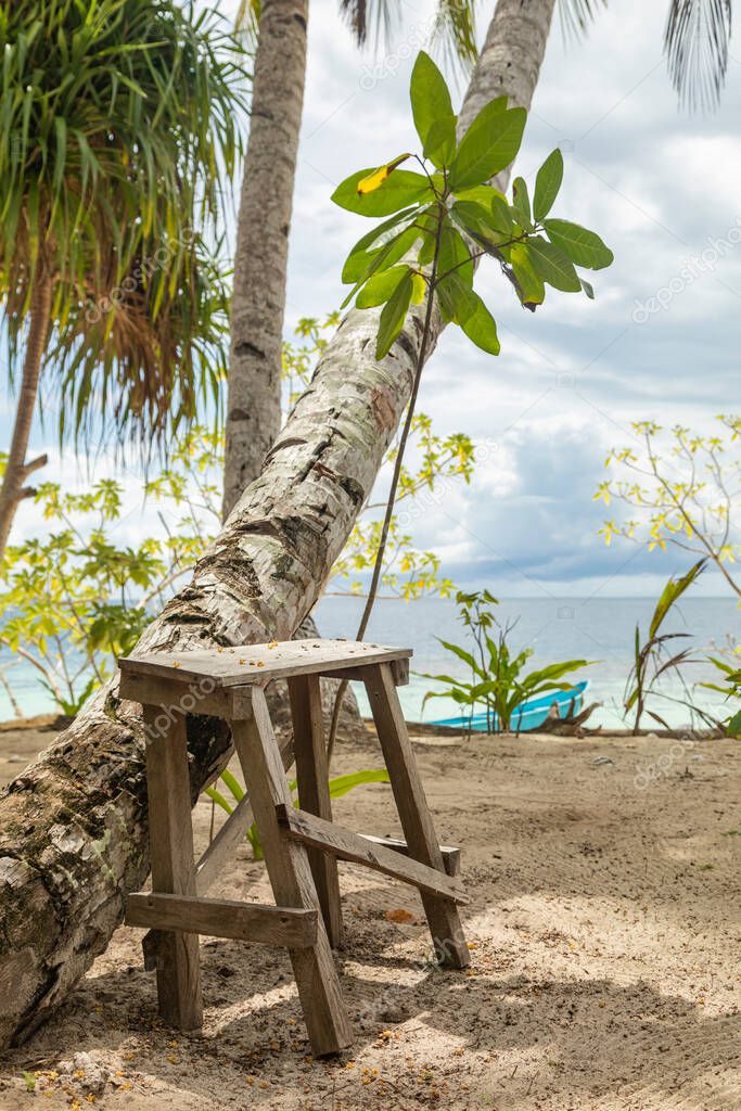 A humble crooked wooden armchair, leaning against a palm tree, near a tropical beach on Gam Island, Raja Ampat, Indonesia