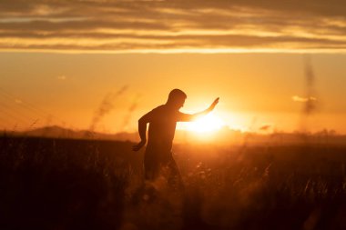 Gallur, Aragon, İspanya 'da son turuncu güneş ışınları tarafından oluşturulan dövüş sanatları duruşunu sergileyen genç bir adamın silüeti.