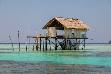 Sudaki ilkel bir kulübe, kütüklerle destekleniyor, Togian Adaları, Sulawesi, Endonezya 'nın balıkçıları ve sakinleri tarafından barınak olarak kullanılıyor.