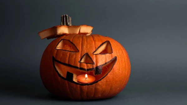 Halloween Pumpkin Jack Lantern Glowing Eyes Gray Background Jack Lantern — Stock Photo, Image