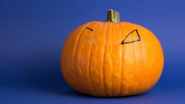 Cadılar Bayramı balkabağının üstünde görünen korkunç bir suratın hareketli animasyonunu durdurun. Korkunç Jack-o-Lantern kafası organik turuncu balkabağında beliriyor. Cadılar Bayramı kutlaması konsepti..