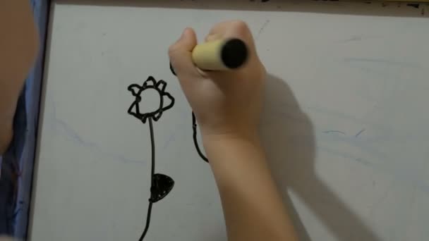 Close-up dari tangan gadis kecil, dia menggambar dengan flamaster hitam pada papan putih. Gadis kecil yang menarik menarik dengan tanda hitam di papan putih. — Stok Video