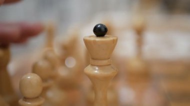 Satranç oynayan bir adam ve genç bir kadının yakın plan çekimleri. Yaşlı bir adam ve genç bir kadın satranç tahtasının üzerinde satranç taşları düzenliyor, oynamaya hazırlanıyorlar..