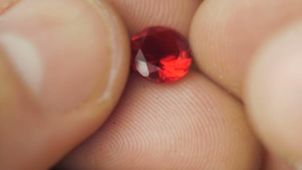 Крупным Планом Ювелир Рассматривает Красный Драгоценный Камень Профессиональный Ювелир Оценивает — стоковое видео