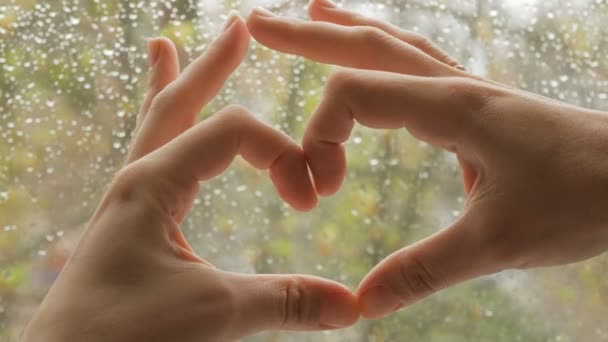 Close Mão Uma Jovem Ela Mostra Sinal Coração Dizendo Adeus — Vídeo de Stock