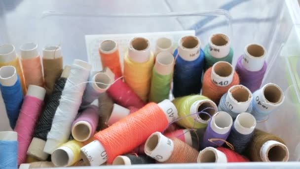 Behållaren innehåller många spolar med färgglada trådar. Flerfärgade spolar av tråd är monterade i en plastlåda. — Stockvideo