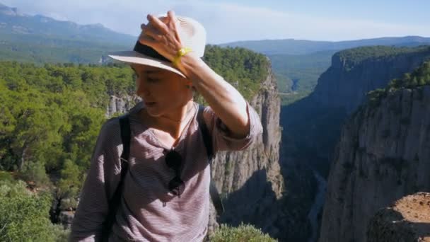 Uma jovem caminhante atingiu o pico da montanha e desfruta de uma bela vista da floresta e do cânio.Jovem mulher atraente viajante fica no topo da montanha e olha para a distância em — Vídeo de Stock