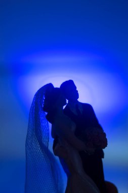 Düğün çifti pasta üstte plastik figürler smokin gece elbisesi, beyaz gelinlik peçesi.